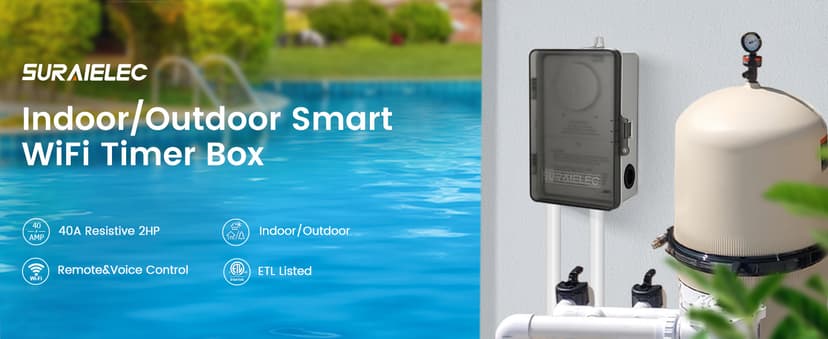 SURAIELEC WiFi Pool Timer, Outdoor Indoor Smart Switch, 40 AMP, 2HP, 120, 240, 277 VAC, Heavy Duty Pool Controller Light Timer Box for Pool Pump, Water Heater, Spa, Powerful Electrical Appliances
