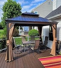 PURPLE LEAF 10' x 14' Hardtop Gazebo with Curtains and Netting for Hot Tub Heavy Duty Deck Beach Pool Backyard Outdoor Canopy Tent Sun Shade Metal Roof Patio Permanent Pavilion