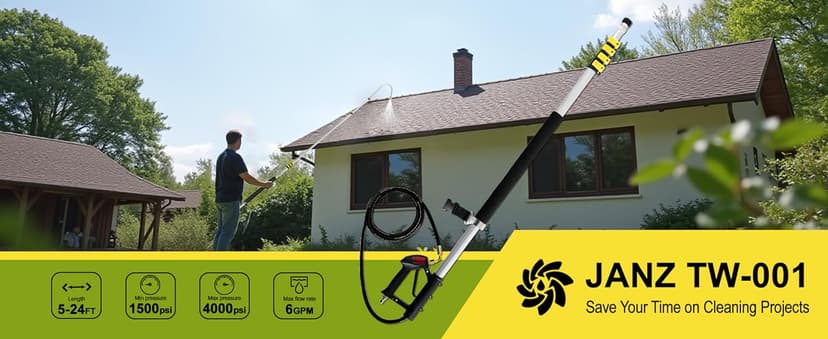 janz Aluminum 24 FT Telescoping Pressure Washer Wand with Pressure Washer Extension Wand,Gutter Cleaner Attachment, 5 Spray Nozzle Tips, 2 Hose Inlet Adapters and Support Harness