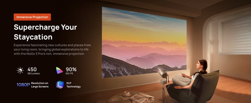 XGIMI MoGo 3 Pro NEW Outdoor Projector with PowerBase Stand, 2.5hrs Battery, Google TV with Licensed Netflix, Build-in Adjustable Stand, 450 ISO Lumens, ISA 2.0, 2 x 5W Harman Kardon
