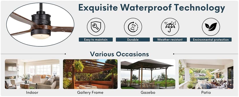 EKIZNSN 42'' Outdoor Waterproof Ceiling Fan with Light for Patios, 3 Blade Wet Rated Ceiling Fans, DC Motor w 6 Speeds, Walnut Wood