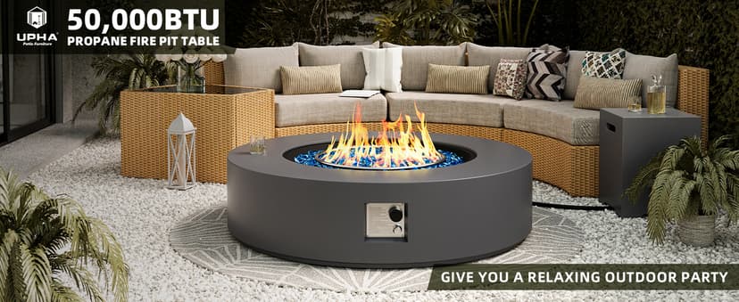 UPHA 42-inch Outdoor Propane Gas Fire Pit Table 50000 BTU Concrete Round FirePit for Outside Patio with Propane Tank Cover, Blue Glass Rocks, Rain Cover, Grey