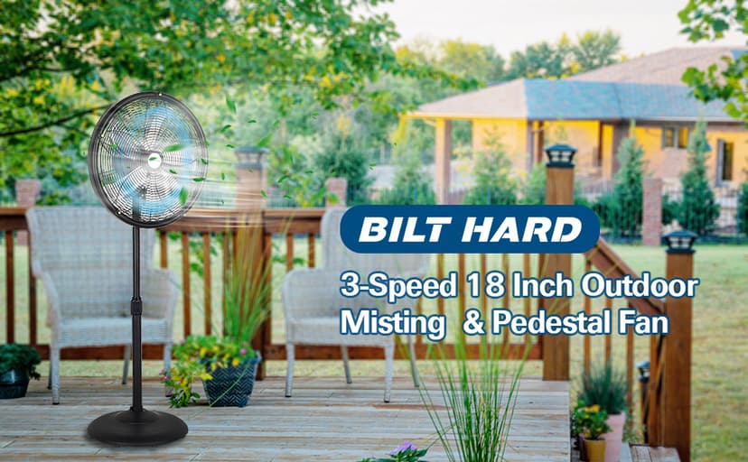BILT HARD 18" Oscillating High-Velocity Outdoor Pedestal Misting Fan, 3-Speed Patio Fans for Outside, Adjustable Height, 120° Oscillation, Waterproof, Industrial Fan for Outdoor- UL Listed Black