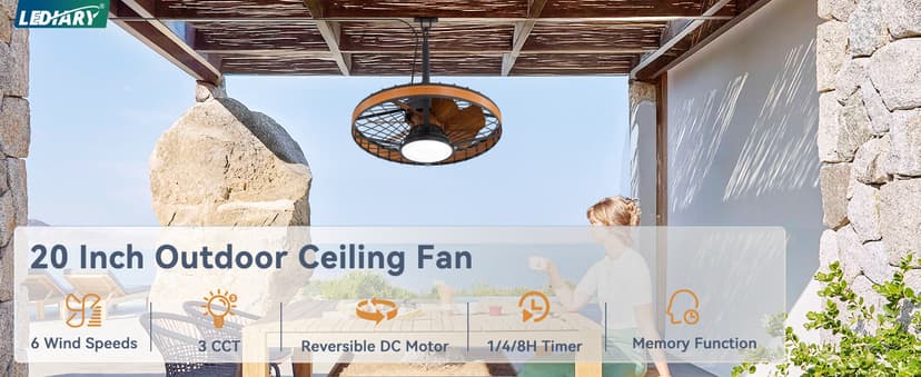 LEDIARY Outdoor Ceiling Fans with Lights, IP65 Waterproof Gazebo Fan with Hanging Hook,6 Speeds, 3CCT, 20 Inch Wet Rated Plug in Ceiling Fan for Patios,Porch, Pergola,Canopy