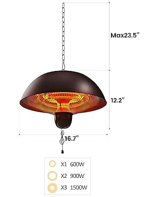 Hanging Patio Heater, Outdoor/Indoor Electric Infrared, Ceiling Heater with 3 Adjustable Modes 600W/900W/1500W.