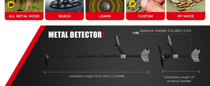 Metal Detector for Adults,12″ IP68 Waterproof Search Coil with High Accuracy System,Advanced DSP Chip Technology,5 Modes with LCD Backlit Display for Beach Hunting&Jewelry Finding