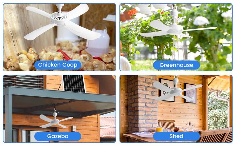 23.6'' Solar Ceiling Fan, 25W Solar Powered Hanging Fans for Outdoor Gazebo, Chicken Coop, Greenhouse, Shed, Dog House, 19.7 Ft Long Cord with On/Off Button