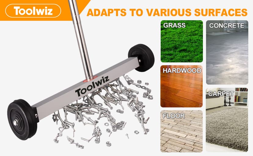 Toolwiz Magnetic Pick Up Sweeper 17-inch Heavy Duty Magnet Pickup Lawn Sweeper Roofing Tools, 8.8 Lbs Yard Tools with Telescoping Holder and Wheels to Clean Nails Adjustable Handle for Construction