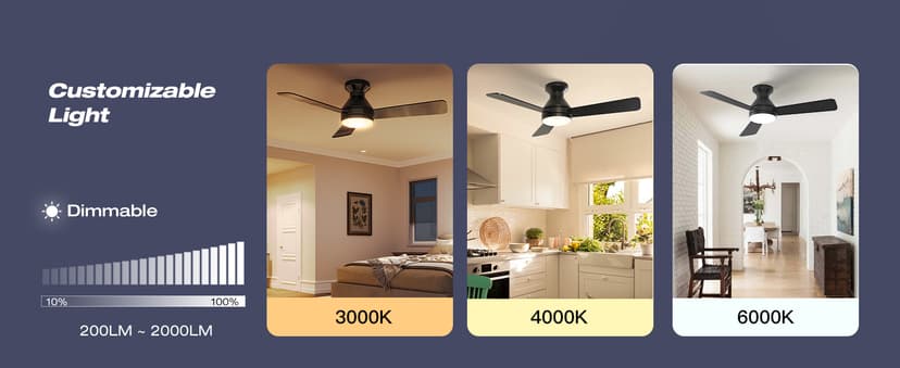 Amico Ceiling Fans with Lights, 42 inch Low Profile Ceiling Fan with Light and Remote Control, Flush Mount, Reversible, 3CCT, Dimmable, Noiseless, Black Ceiling Fan for Bedroom, Indoor/Outdoor Use
