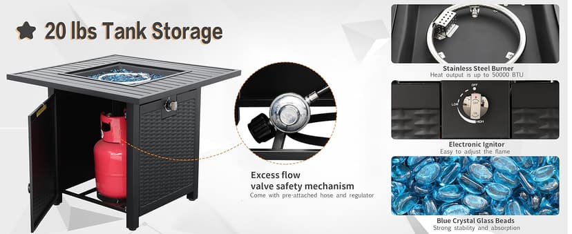 30 Inch Fire Tables 50000 BTU Outdoor Fire Pits for Outside Steel Gas Fire Table with Fire Pit Lid Grille Tabletop and Waterproof Cover and Blue Crystal Beads