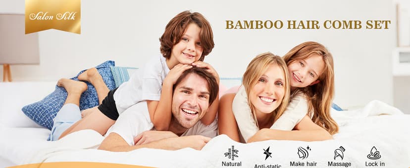 SALONSILK 5PCS Wooden Hair Comb Set, Bamboo Wide Tooth Fine Tooth Combs for Women and Men, Natural Wood Beard Styling Curly Detangling Set for Thick & Thin Hair