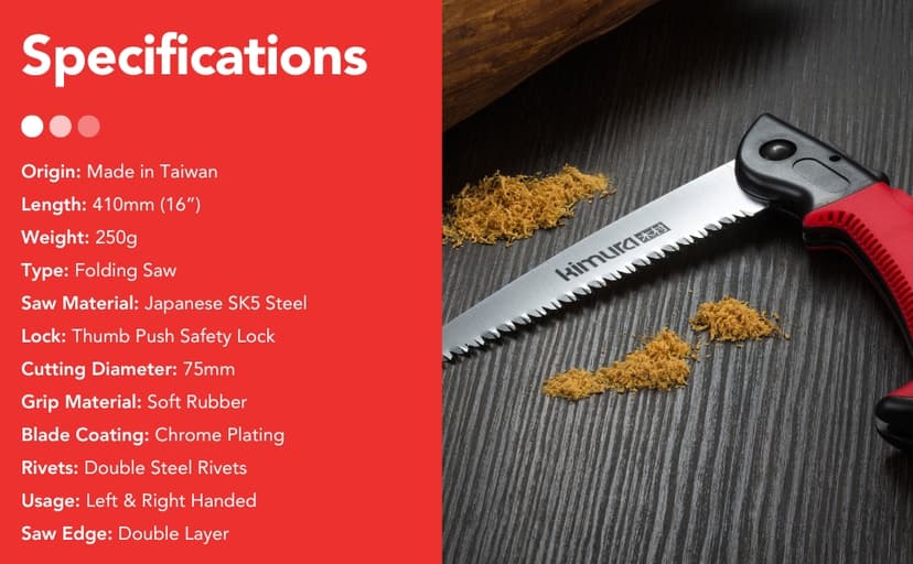Kimura 7" Pro Folding Pruning Saw - Heavy Duty Japanese SK5 Steel, 180mm Blade, Ergonomic Soft Non-Slip Handle, Lightweight Foldable Saw for Branches, Trimming, Camping, PVC, Hiking, Wood