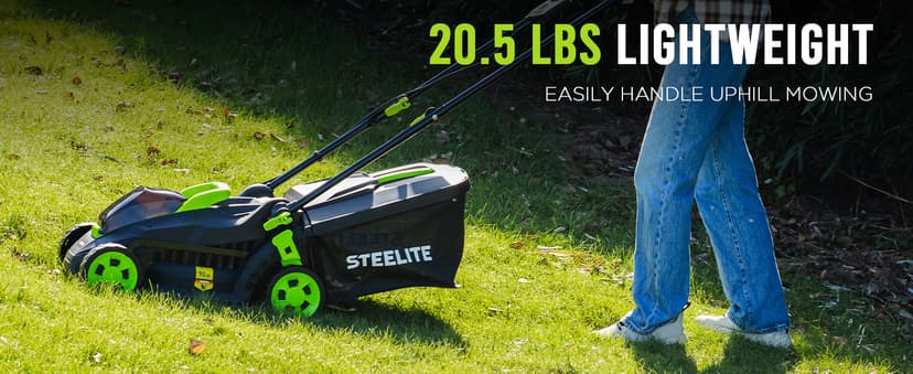 Steelite 13.2” Electric Lawn Mower for Small Yards - 2-in-1 Compact, Lightweight Brushless Motor, 21V 4.0Ah Battery & Charger Included, Green