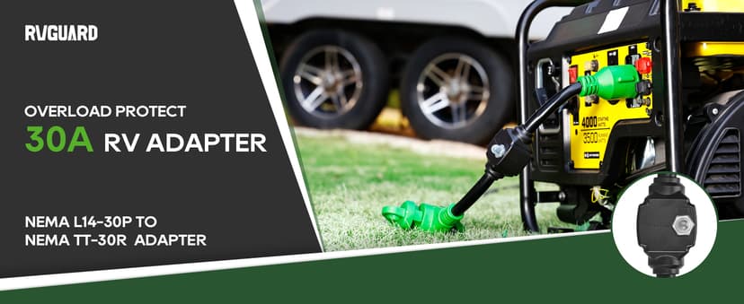 RVGUARD Overload Protector 30 Amp Generator to RV Adapter Cord with Circuit Breaker, NEMA L14-30P to NEMA TT-30R Electrical Power Adapter with LED Power Indicator, 18 Inch, Green, ETL Listed