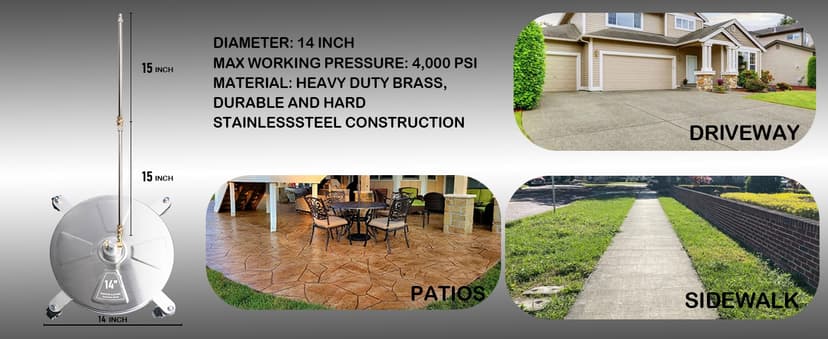 Hourleey 14" Pressure Washer Surface Cleaner, Stainless Steel Surface Cleaner with 4 Wheels for Concrete, Patio, Sidewalk, Deck, Pathway 1/4" Quick Connector, 2 Extension Wand, 4000 PSI
