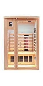 Ceramic 1 Person Infrared Sauna Far Infrared Saunas for Home Hemlock Wood Indoor Sauna Room 2 in 1 Sauna with Low EMF Heaters + Ceramic Heating Cube-Chromotherapy-Bluetooth Speaker