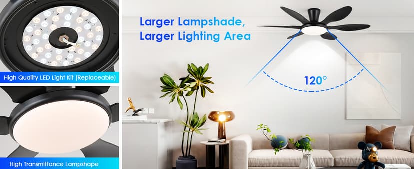 Ceiling Fans with Lights, 51 inch Modern Black Low Profile Ceiling Fan with Light and Remote App Control, Flush Mount, Quiet DC Reversible, Dim Led Ceiling Fan 6 Blade Softer Wind Indoor/Outdoor Patio