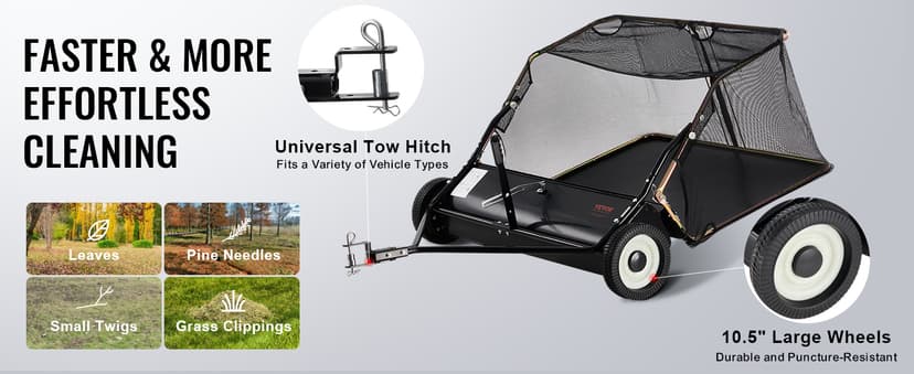 VEVOR 52 Inch Lawn Sweeper Tow Behind, 26 cu.ft. Large Pull Behind Grass Sweeper, Heavy Duty Leaf & Grass Collector with Dumping Rope Design, Adjustable Sweeping Height for Picking Up Debris & Grass