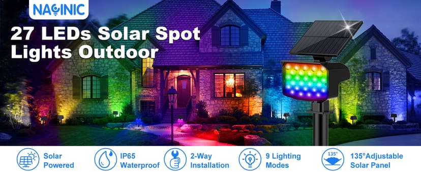 Solar Spot Lights Outdoor Color Changing 27 LEDs Solar Light Outdoor Waterproof 9 Lighting Modes Multicolor RGB Solar Powered Christmas Lights Adjustable Colored Landscape Spotlights- 10 Pack