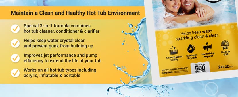 3in1 Weekly Hot Tub Cleaner, Conditioner, Clarifier - Hot Tub Chemicals for Standard & Inflatable Spas - Spa Chemicals for Crystal Clear & Sparkling Clean Water - Made in USA (4 Week Kit)