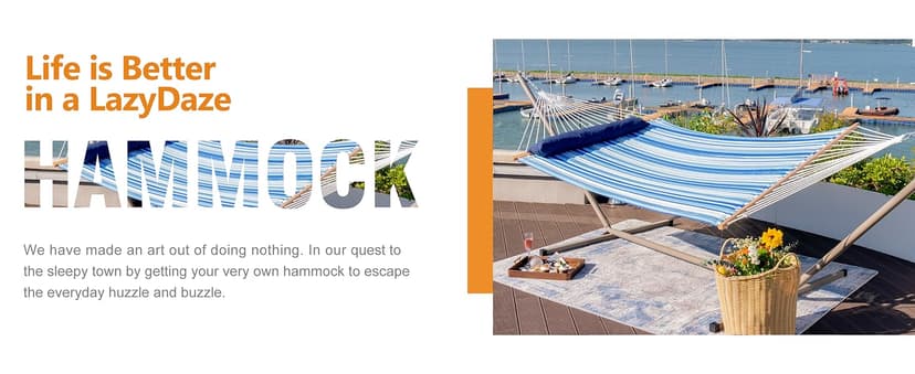 Lazy Daze Hammocks 12 FT Quilted Fabric Double Hammock with Spreader Bars and Detachable Pillow, 450 LBS Weight Capacity, Mixed Blue Stripes