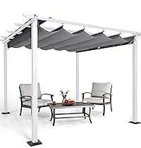 HAPPATIO 10' X 10' Pergola Retractable Canopy for Backyards, Gardens, Patios, Outdoor Pergola with Sun Shade Canopy, Includes Ground Studs and Expansion Screws (Grey)