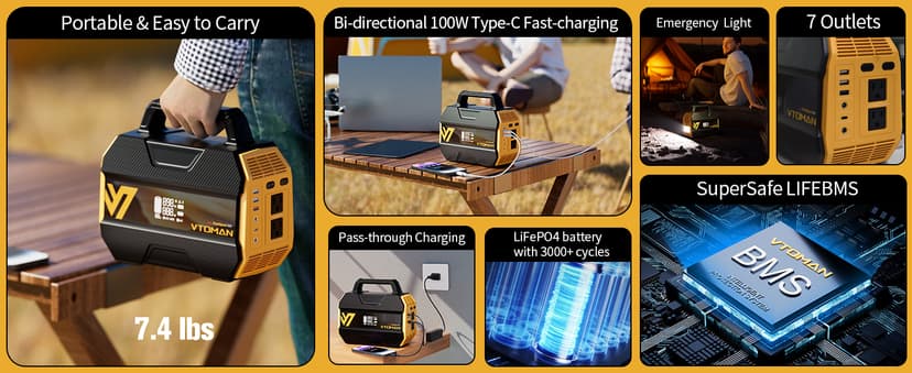 VTOMAN FlashSpeed 300 Portable Power Station 70000mAh, Only 7.4lbs with 7 Outlets, LiFePO4 Generator with Up to 600W AC Outlet, 12V/24V DC Input Adapt RV/Van, PD 100W Type-C for Power Outage, Camping