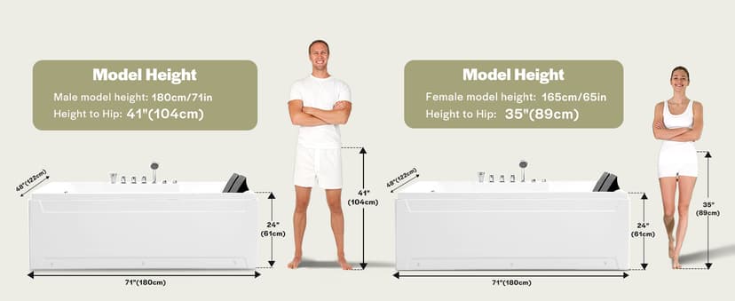 72-Inch Whirlpool Jetted Tub,Acrylic Hydro Massage Bathtub with 10 Jets, Color-Changing LED Lights,2-Person Jetted Bath Tub for Couples