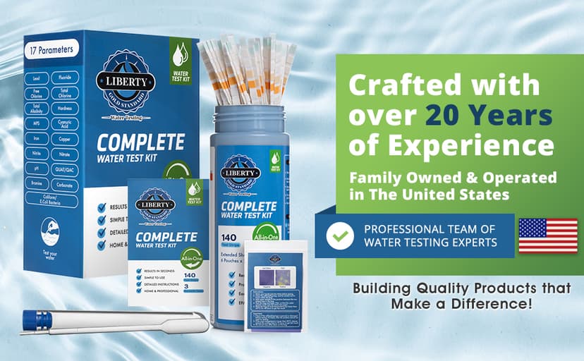 Liberty Gold Standard© Water Test Strips (121-Piece Kit) Testing for Pools & Spas, Hot Tubs - Test Chlorine, pH, Hard Water Hardness Test, Cyanuric Acid, Alkalinity, Bromine (Pool Spa Test Kit)