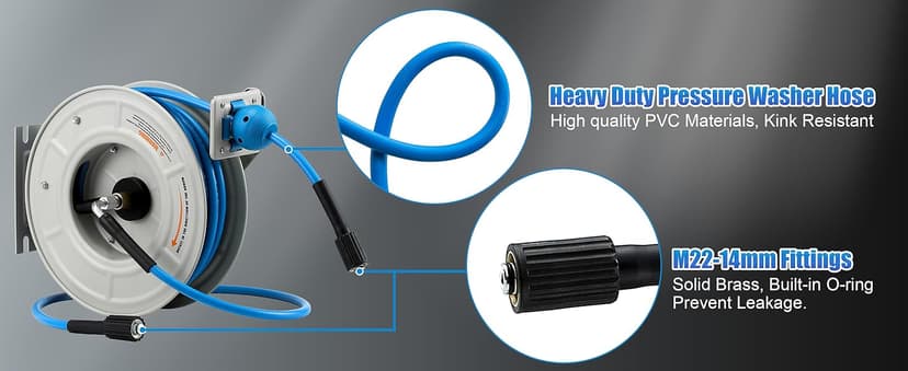 Pressure Washer Hose Reel with Hose, 1/4" × 60ft Retractable Power Washer Hose Reel, Heavy Duty Hose Reel Auto Rewind, Wall Mounted, 3600 PSI