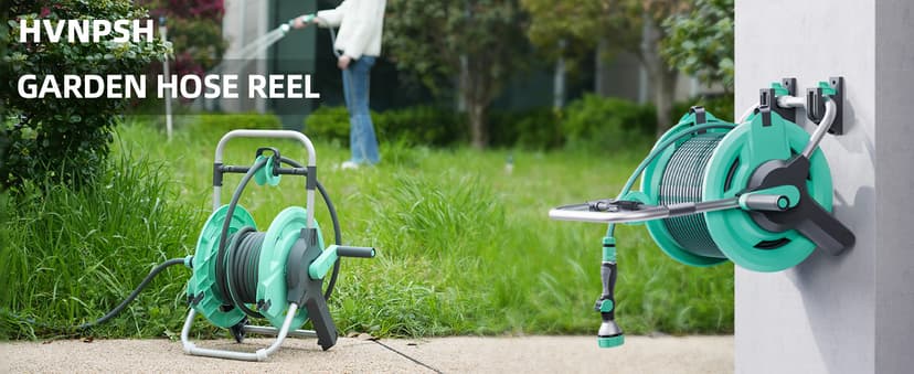 Portable Garden Hose Reel Cart, Hold Up to 50-75 Ft Hose, Wall Mounted Water Hose Reel, Mobile Garden Hose Holder Tools With Built-In Guide, for Outside Car Washing, Watering