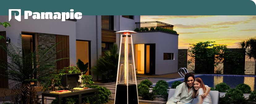 Pamapic Patio Heater with Cover, 48,000 BTU Pyramid Flame Outdoor Heater Quartz Glass Tube Propane