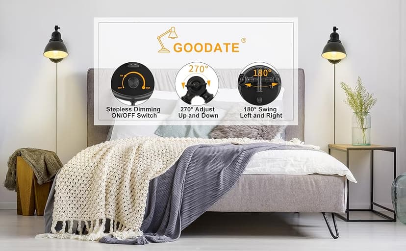 Plug in Wall Sconces, Wall Sconce Lighting with Dimmable On Off Switch, Swing Arm Wall Lamp, Black Metal Industrial Wall Light Fixtures, Safety E26 Base, 6FT Plug in Cord