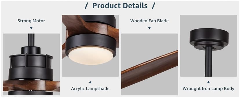 EKIZNSN 42'' Outdoor Waterproof Ceiling Fan with Light for Patios, 3 Blade Wet Rated Ceiling Fans, DC Motor w 6 Speeds, Walnut Wood