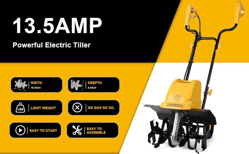 Garden Rototiller 16-Inch 13.5-Amp Corded Electric Tiller/Cultivator, Adjustable Wheels, 8-Inch Tilling Depth, Powerful and Lightweight Tiller