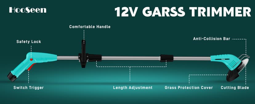 Cordless Lawn Trimmer Weed Wacker - HooSeen 12V Grass Trimmer Weed Cutter with 3 Types Blades, Hand Weeder, 2.0Ah Li-ion Battery Powered Weed Trimmer Grass Cutter for Garden and Yard