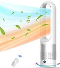 Bladeless Heater and Fan Combo, 1400 Watt Heater Fan and 40 Watt Cold Fan, 80° Oscillating Fan, All the Season Use, Remote and Touch Control, Floor Tower fan, Office Room, Bedroom, Blue White