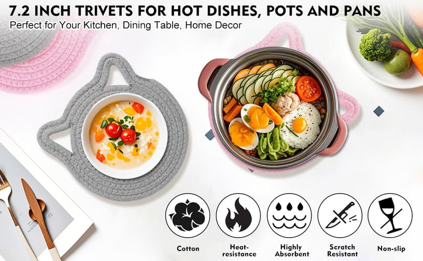 7.2 Inch Trivets for Hot Dishes, 2Pack Cotton Trivets for Hot Pots and Pans, Heat Resistant Hot Pads for Kitchen, Cat Ear Large Coaster Trivet Set, Hot Plate Mats for Kitchen Countertops (Light Gray)