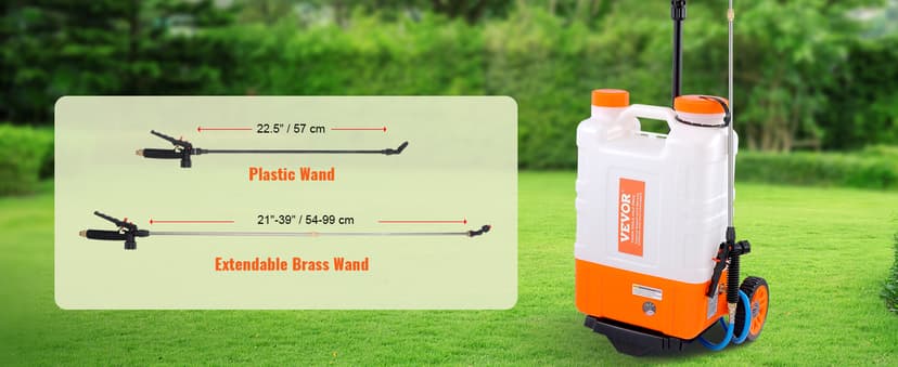 VEVOR 4 Gallon Battery Powered Backpack Sprayer with Wheeled Cart, Adjustable 0-94 PSI, 13FT Hose, 6 Nozzles, 2 Wands Included, Wide Mouth Lid for Weeding, Cleaning, Long Spray Time, White+Orange