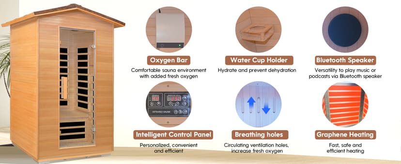 Outdoor Sauna 2 Person Far Infrared Saunas Dry Home Sauna Room Hemlock 1 to 2 Person Wood Sauna 1950W/110V Low EMF with Bluetooth Speaker, Reading Light, Cup Holder and Towel Rack - 47*39*82 IN
