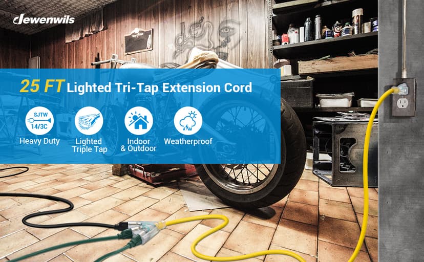 DEWENWILS 25 FT 14/3 Gauge Extension Cord Outdoor Tri-Tap Extension Cord Splitter, Heavy Duty Power Cable SJTW 15 Amp for Multiple Appliances, LED Lighted Plug, ETL Liste