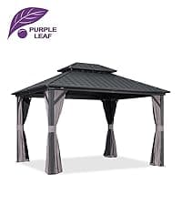 PURPLE LEAF 10' X 12' Permanent Hardtop Gazebo Aluminum Gazebo with Galvanized Steel Double Roof for Patio Lawn and Garden, Curtains and Netting Included, Grey