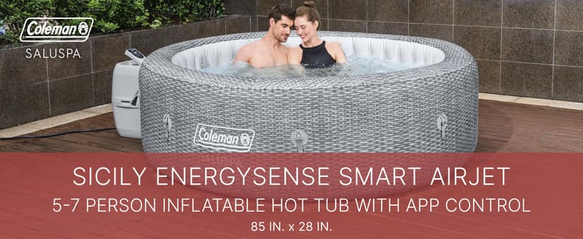 Bestway Coleman Sicily AirJet Large Round 5 to 7 Person Inflatable Hot Tub Portable Outdoor Spa with 180 AirJets and EnergySense Cover, Grey