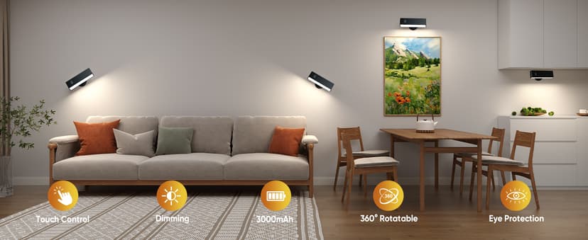 Honalia Adhesive Wall Lights for Bedroom 2 Pack, Rechargeable Wall Lights with Magnetic & Dimmable, 360 Rotation Cordless Wall Sconce, Peel and Stick Lights for Wall Bedside, Reading