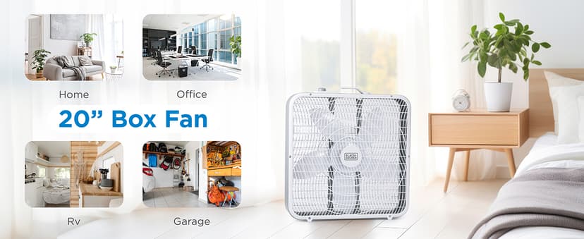 BLACK+DECKER Box Fan with 3 Speed Settings, 20” Box Fan with Carrying Handle, Rotary Knob and Recessed Cord Storage, Portable Fan and Cooling Fan for Home, Office, Garage, Basement & More