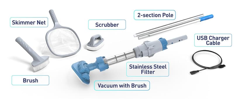 KOKIDO 5-in-1 Rechargeable Spa Vacuum Cleaner Set with 3 Hand Tools, IPX8 Safe for Warm/Cold Water, Portable, Light Duty Cleaning for Inflatable Spas, Hot Tubs, Jet Tubs, Debris & Sand Cleaning XV100