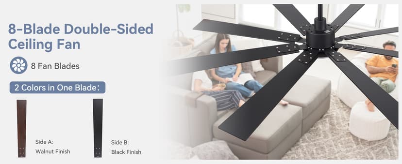 72 inch Large Ceiling Fans with Lights and Remote, Indoor/Outdoor Black Modern Ceiling Fan for Kitchen Living Room Patio, 6 Speed Reversible Quiet DC Motor, 3 CCT, Dual Finish 8 Blades