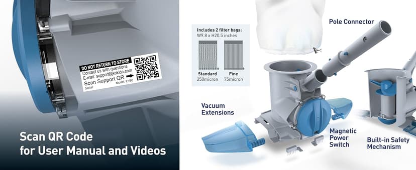 KOKIDO Rechargeable Heavy Duty Pool Leaf Vacuum, 62GPM Powerful Suction, Standard and Fine Oversized Filter Bags, Commercial Power Vac for Leaves and Debris, for Inground and Above Ground Pools XV910