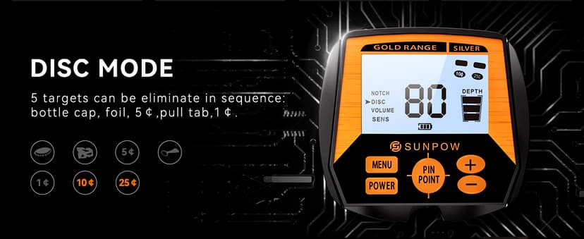 SUNPOW Metal Detector for Adults, Professional Waterproof High Accuracy Metal Detector, 10'' Detection Depth, Pinpoint & Disc & Notch & All Metal & Volume Modes, Strong Anti-Interference-GC-1083