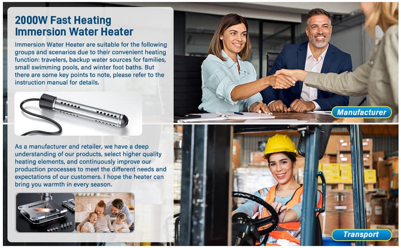 2000W Immersion Water Heater, Portable Water Heater Electric with Real-Time LCD Thermometer Control, with 304 SS Guard Fast Heats up 5 gallons Water in Minutes for Bucket, Basin, Bathtub, Small Pool